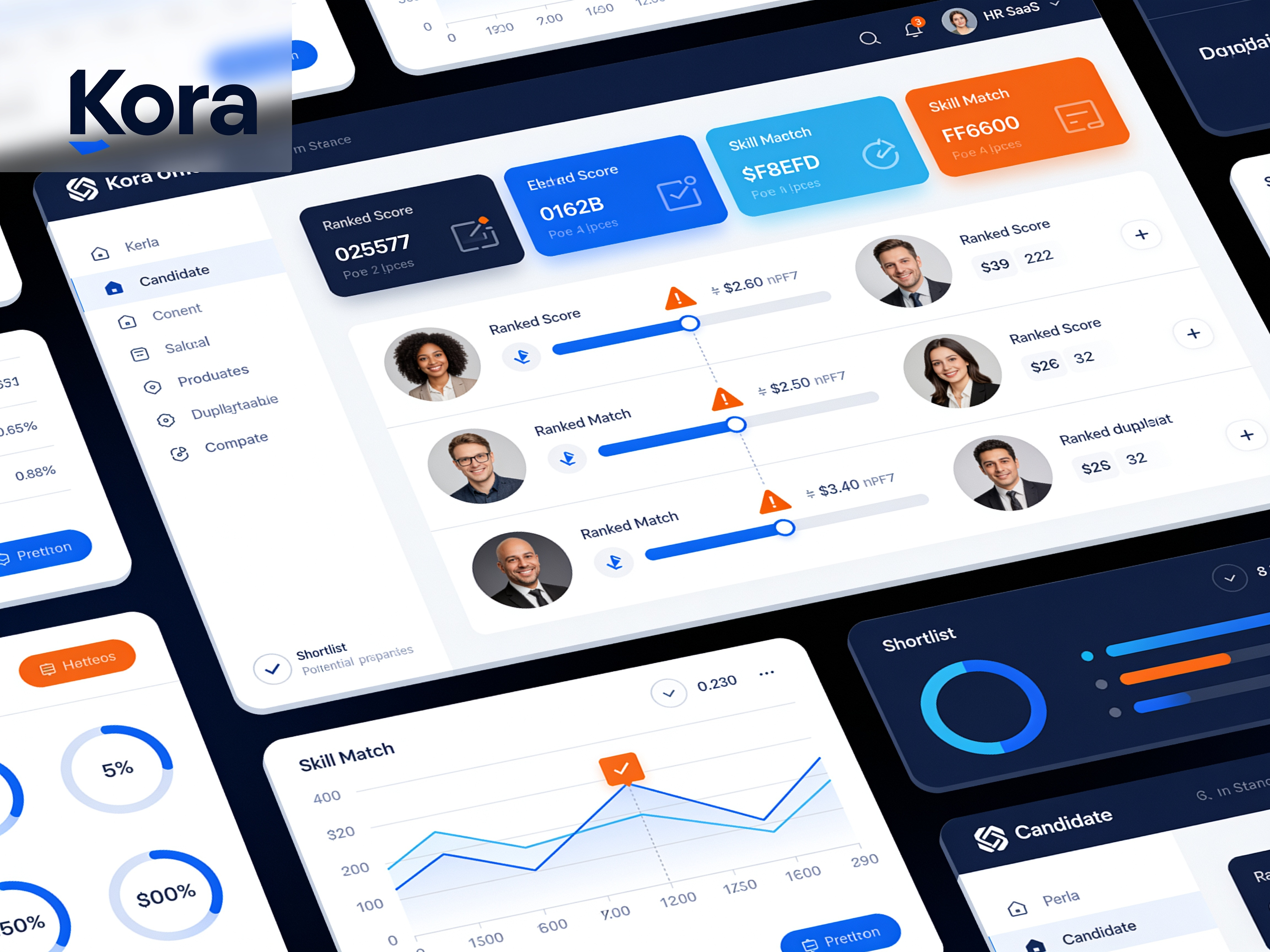 Visual conceptual de ranking y evaluación de candidatos en Kora